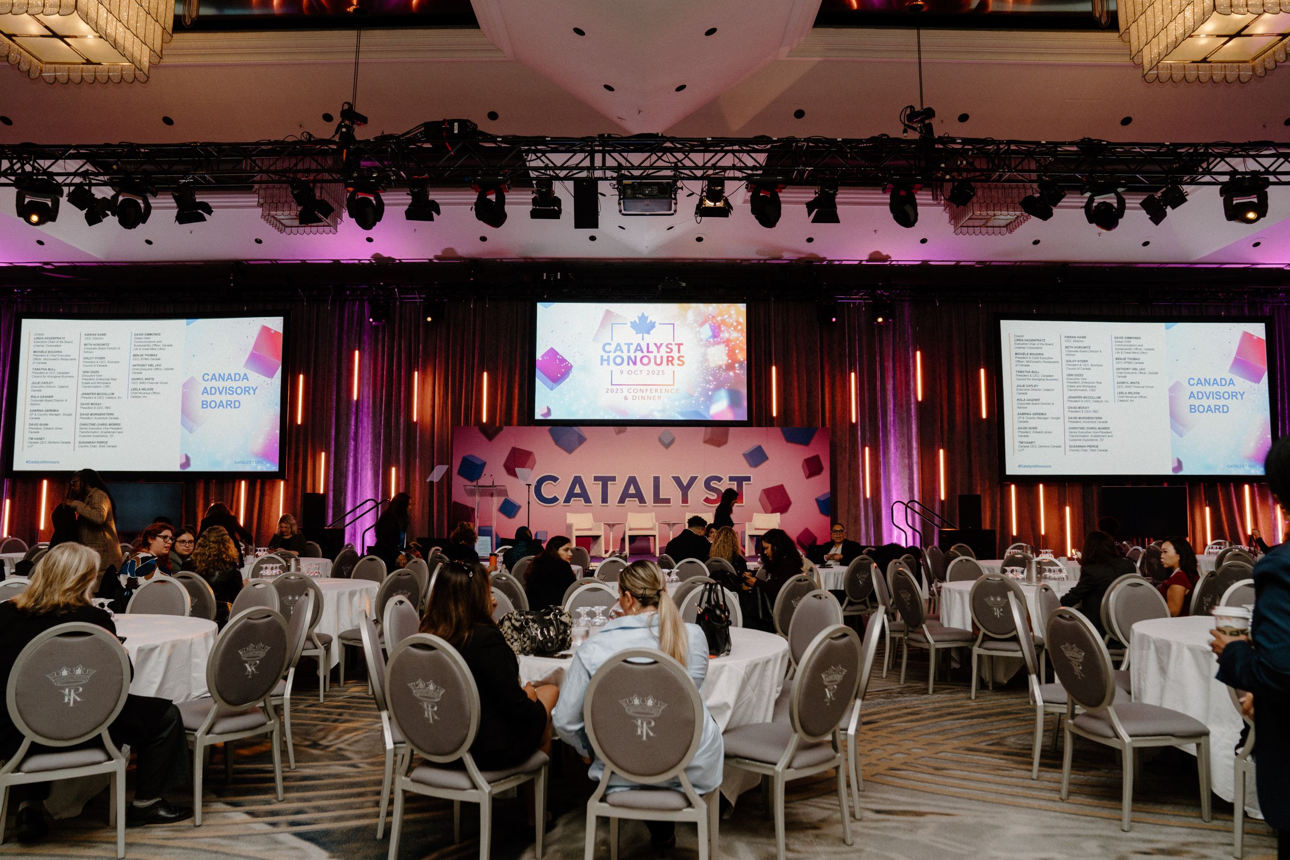 Catalyst Honours gala event photography showing Canada Advisory Board stage with colorful lighting and banquet seating in Toronto ballroom photographed by Origin Films event photography