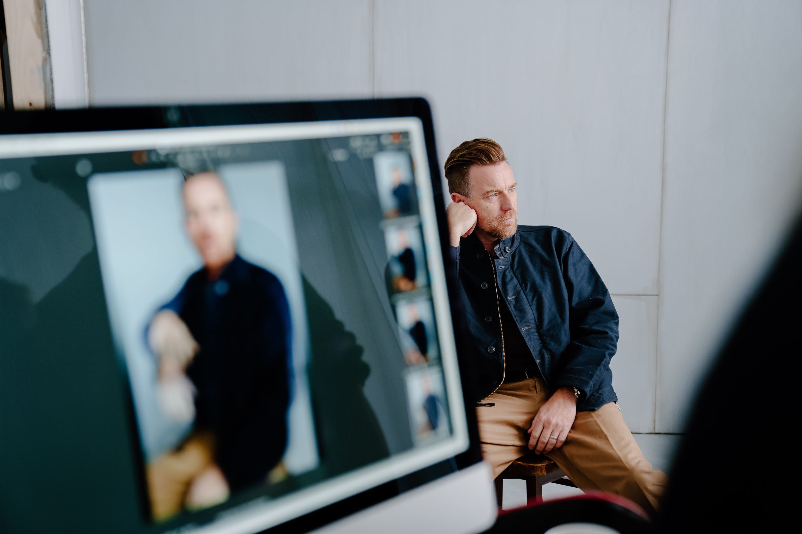 Celebrity portrait of Ewan McGregor on professional photography monitor during a studio shoot by Origin Films Toronto event photography and photography services